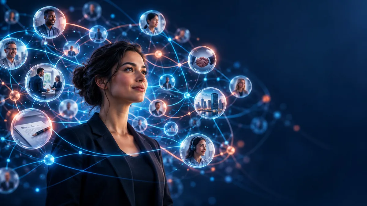 Illustration of a professional surrounded by a network of connected people, conversations and documents