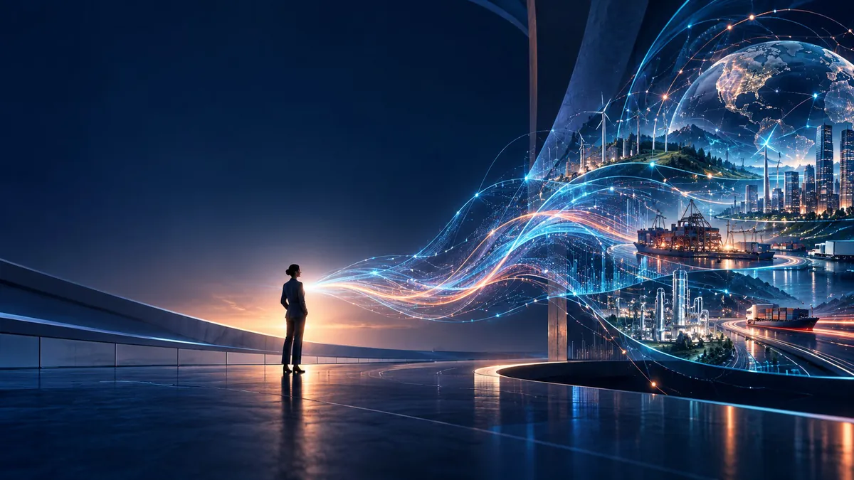Illustration of a person looking across a city, a port and industry connected by streams of light