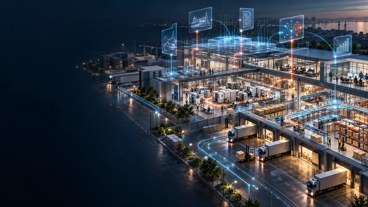 Illustration of a logistics and production facility overlaid with connected data panels and streams of light